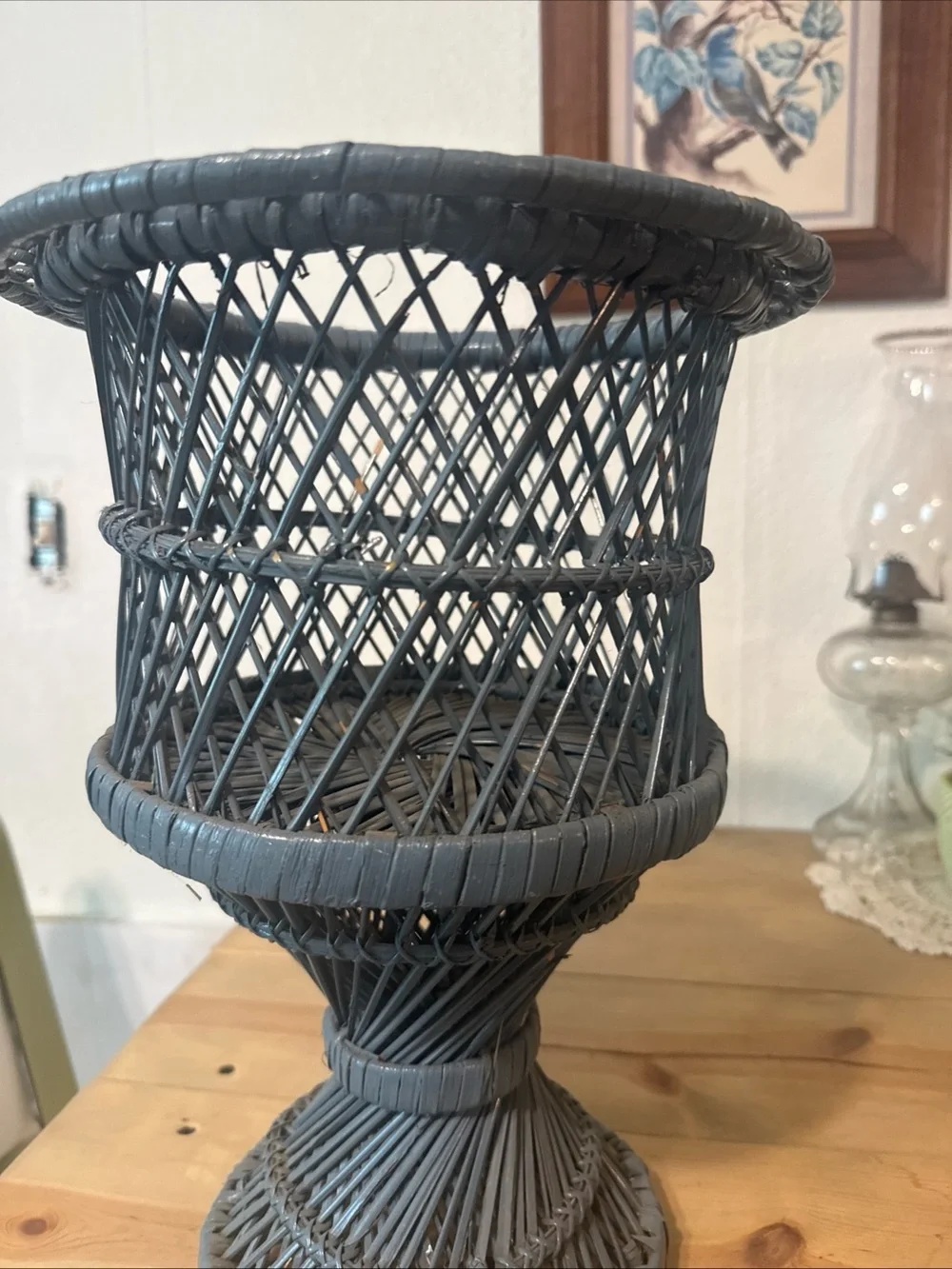 Vintage Mid Century Boho Chic Woven Peacock Wicker Rattan Plant Stand Pedestal
